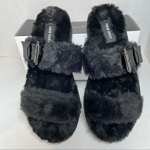 Nine West Shoes - NINE WEST Women's Funkie2 Flat Faux Fur Black Sandals Size 7M